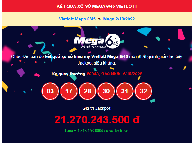 Giải thưởng Vietlott Mega 6/45 hơn 21 tỷ đã có chủ nhân may mắn